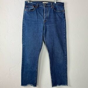 Levis Jeans Denim Wedgie Straight Solid Dark Wash Blue Button Fly Raw Hem Cotton